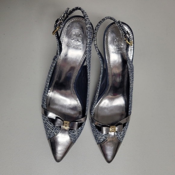 Tory Burch Shoes - Tory Burch Tweed Metallic Bow Detail Pointy Toe Sling Back Heels.